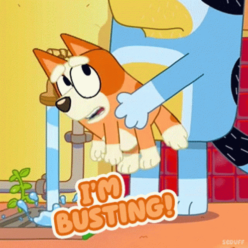 A Cartoon Dog Says I 'M Busting In Front Of A Faucet GIF