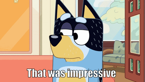 A Cartoon Dog Says " That Was Impressive " In A Living Room GIF