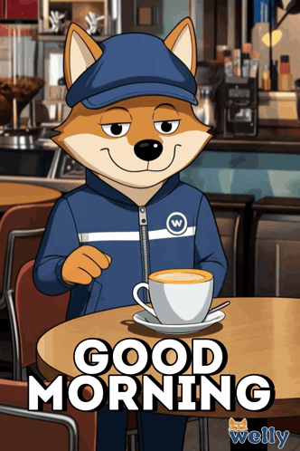A Cartoon Dog Sitting At A Table With A Cup Of Coffee And The Words Good Morning Welly GIF
