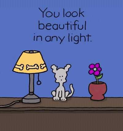 A Cartoon Dog Standing Next To A Lamp With The Words " You Look Beautiful In Any Light " GIF