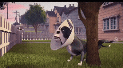 A Cartoon Dog Wearing A Cone Around Its Neck Is Standing Next To A Tree GIF