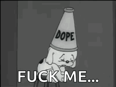 A Cartoon Dog Wearing A Cone Hat With The Words `` Fuck Me '' Written On It Is Sitting On A Stool . GIF