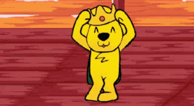 A Cartoon Dog Wearing A Crown And A Cape Is Standing On A Wooden Floor . GIF
