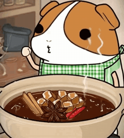 A Cartoon Dog Wearing A Green Apron Is Standing Next To A Bowl Of Soup GIF