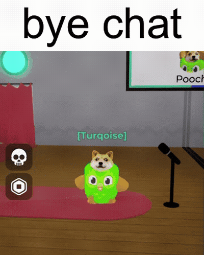 A Cartoon Dog Wearing A Green Owl Costume With The Words Bye Chat Above It GIF