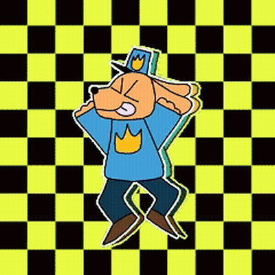 A Cartoon Dog Wearing A Hat And A Blue Shirt Is Dancing On A Checkered Background . GIF