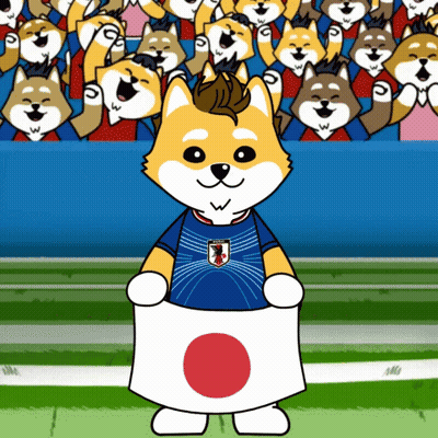 A Cartoon Dog Wearing A Japan Jersey Holds A Flag In Front Of A Crowd GIF