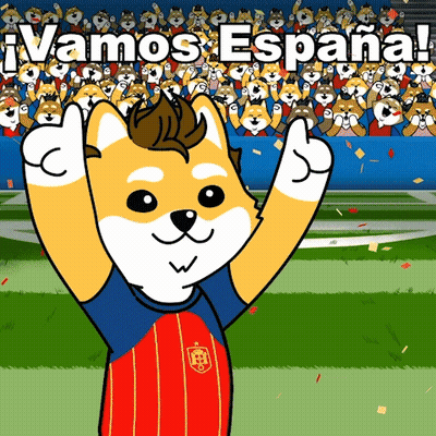 A Cartoon Dog Wearing A Jersey That Says Vamos Espana On It GIF