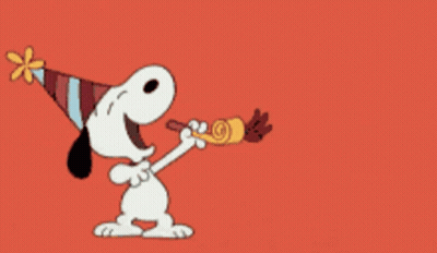 A Cartoon Dog Wearing A Party Hat Blowing A Party Horn GIF