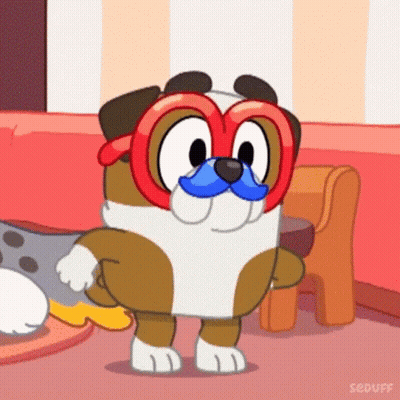 A Cartoon Dog Wearing Glasses And A Mustache Is Standing Next To A Chair . GIF