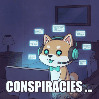 A Cartoon Dog Wearing Headphones And A Bow Tie Is Looking At A Computer Screen With The Words Conspiracies Below Him GIF