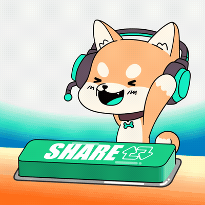 A Cartoon Dog Wearing Headphones And A Bow Tie Is Pressing A Share Button GIF
