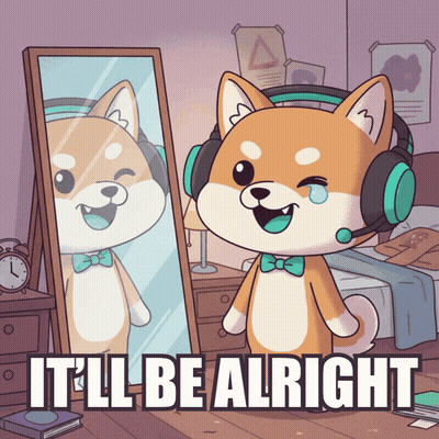 A Cartoon Dog Wearing Headphones And A Bow Tie Is Standing In Front Of A Mirror With The Words It 'Ll Be Alright GIF