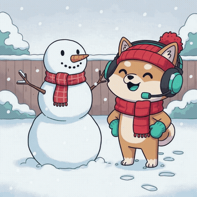 A Cartoon Dog Wearing Headphones And A Scarf Standing Next To A Snowman GIF