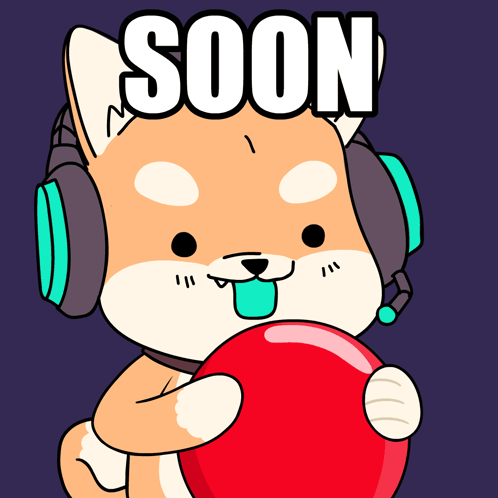 A Cartoon Dog Wearing Headphones And Holding A Red Ball With The Word Soon Above Him GIF