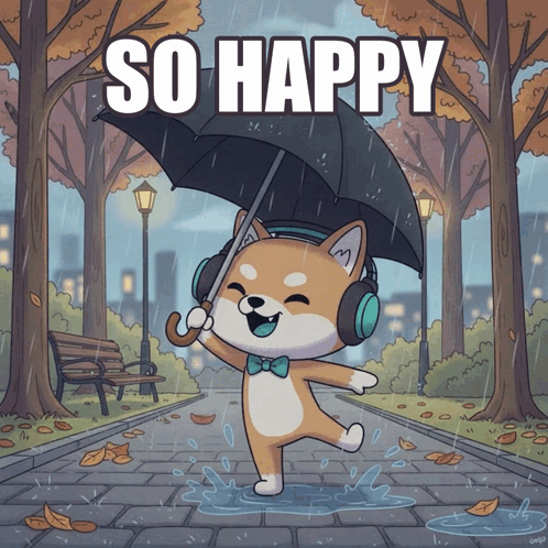 A Cartoon Dog Wearing Headphones And Holding An Umbrella With The Words So Happy Above It GIF