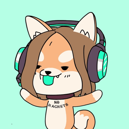 A Cartoon Dog Wearing Headphones Has A Shirt That Says No Regrets GIF