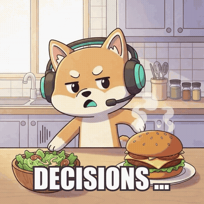A Cartoon Dog Wearing Headphones Is Standing In Front Of A Hamburger And A Bowl Of Salad With The Words Decisions Writte GIF