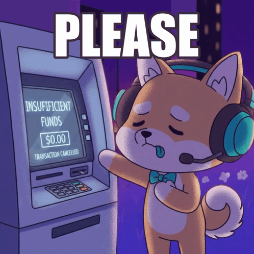 A Cartoon Dog Wearing Headphones Is Standing Next To An Atm Machine That Says Please On It GIF