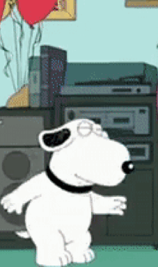 A Cartoon Dog With A Black Collar Is Standing In Front Of A Record Player GIF
