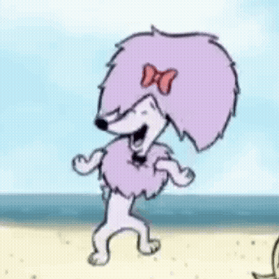 A Cartoon Dog With A Bow On Its Head Is Dancing On A Beach . GIF