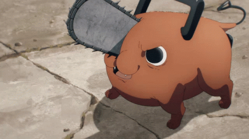 A Cartoon Dog With A Chainsaw Behind Its Head GIF