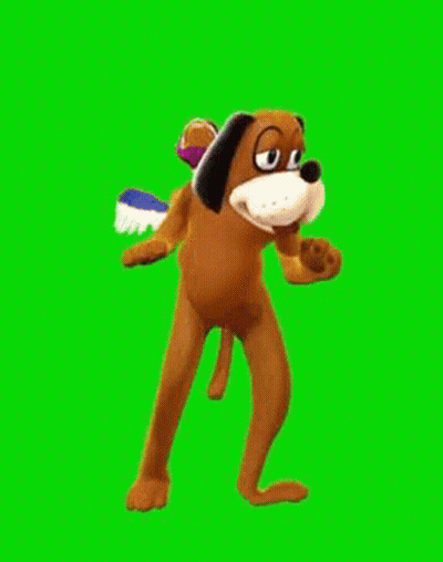 A Cartoon Dog With A Duck On Its Head Is Standing In A Cloud On A Green Screen . GIF