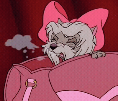 A Cartoon Dog With A Pink Bow On Its Head Is Sitting In A Pink Purse . GIF