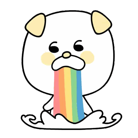 A Cartoon Dog With A Rainbow Coming Out Of His Mouth Sticker