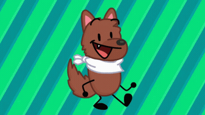 A Cartoon Dog With A Scarf Around Its Neck Is Smiling On A Green And Blue Striped Background GIF