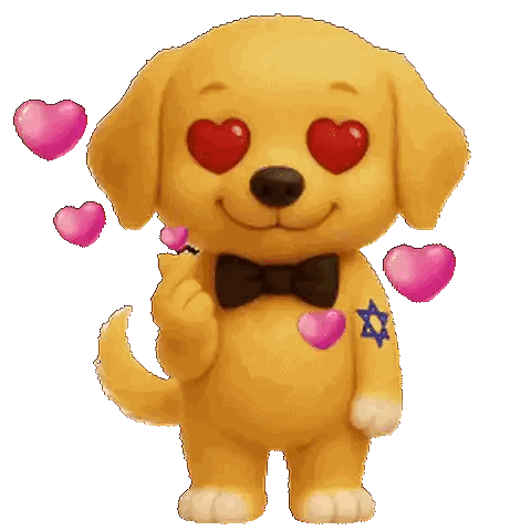 A Cartoon Dog With Heart Shaped Eyes Is Holding A Pink Heart Sticker