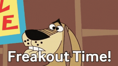 A Cartoon Dog With The Words " Freakout Time " On The Bottom GIF