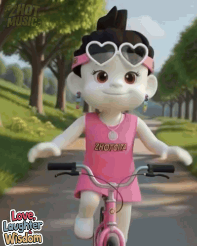 A Cartoon Doll Is Riding A Bike With The Words Love Laughter Wisdom On The Bottom Right GIF