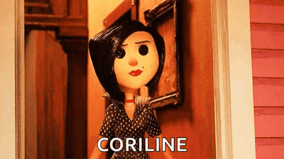 A Cartoon Doll Is Standing In A Doorway Next To A Framed Picture . GIF