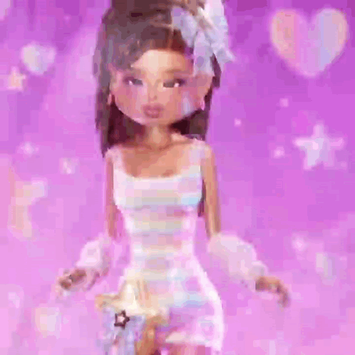 A Cartoon Doll Is Standing In Front Of A Pink Background Holding A Star Purse . GIF