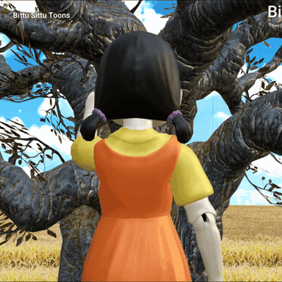 A Cartoon Doll Is Standing In Front Of A Tree With The Words Bittu Sittu Toons On The Bottom Left GIF