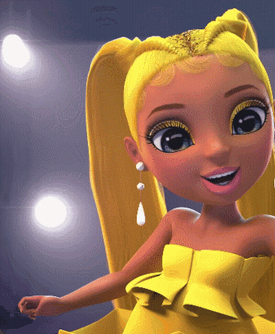 A Cartoon Doll With A Yellow Dress And Earrings GIF