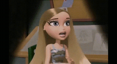 A Cartoon Doll With Long Blonde Hair And Blue Eyes Is Sitting In A Chair With Her Mouth Open . GIF