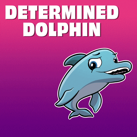 A Cartoon Dolphin Is On A Pink And Purple Background That Says Determined Dolphin GIF