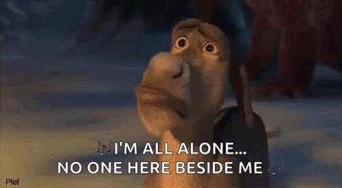 A Cartoon Donkey Is Standing In The Snow And Saying `` I 'M All Alone ... No One Here Beside Me '' GIF