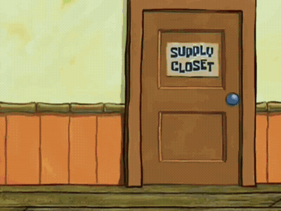 A Cartoon Door With A Sign That Says Supply Closet On It . GIF