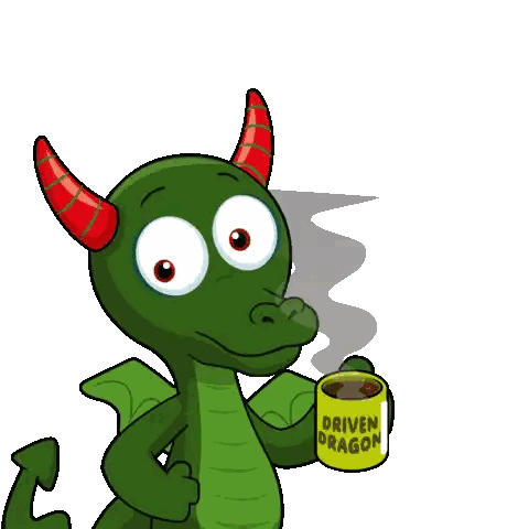 A Cartoon Dragon Is Holding A Cup Of Coffee That Says Driven Dragon On It Sticker