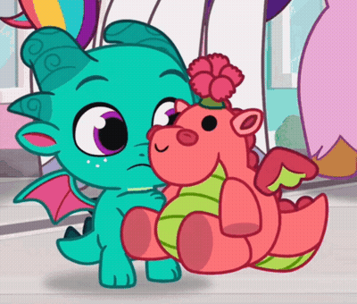 A Cartoon Dragon Is Holding A Stuffed Animal With A Flower In Its Hair GIF
