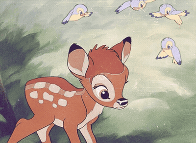 A Cartoon Drawing Of A Baby Deer With Birds Flying In The Background GIF