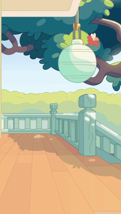 A Cartoon Drawing Of A Balcony With A Light Hanging From A Tree Branch GIF