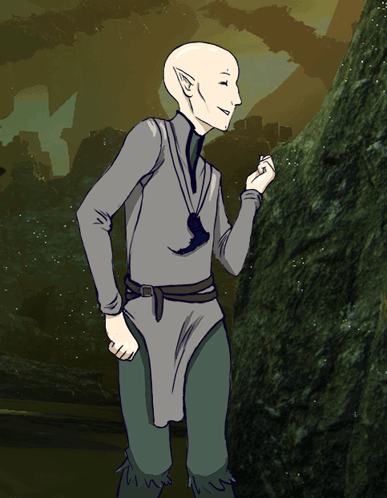 A Cartoon Drawing Of A Bald Elf Standing Next To A Large Rock GIF