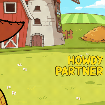 A Cartoon Drawing Of A Barn And Windmill With The Words Howdy Partner On The Bottom GIF