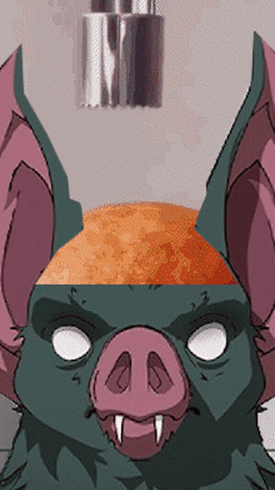 A Cartoon Drawing Of A Bat With A Pig Nose And White Eyes GIF