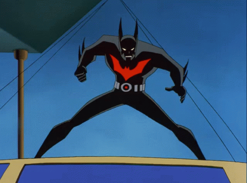 A Cartoon Drawing Of A Batman With A Red Wing On His Chest GIF