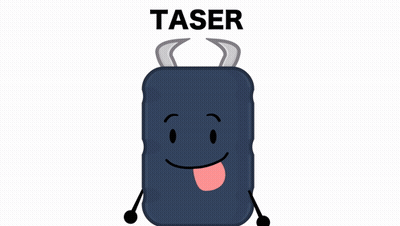 A Cartoon Drawing Of A Black Suitcase With Horns And A Face And The Word Taser Above It GIF